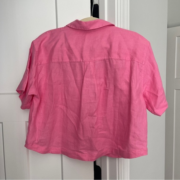 Athleta Raphanus Pink Retreat Linen Short Sleeve Shirt Button up top crop - Picture 5 of 5